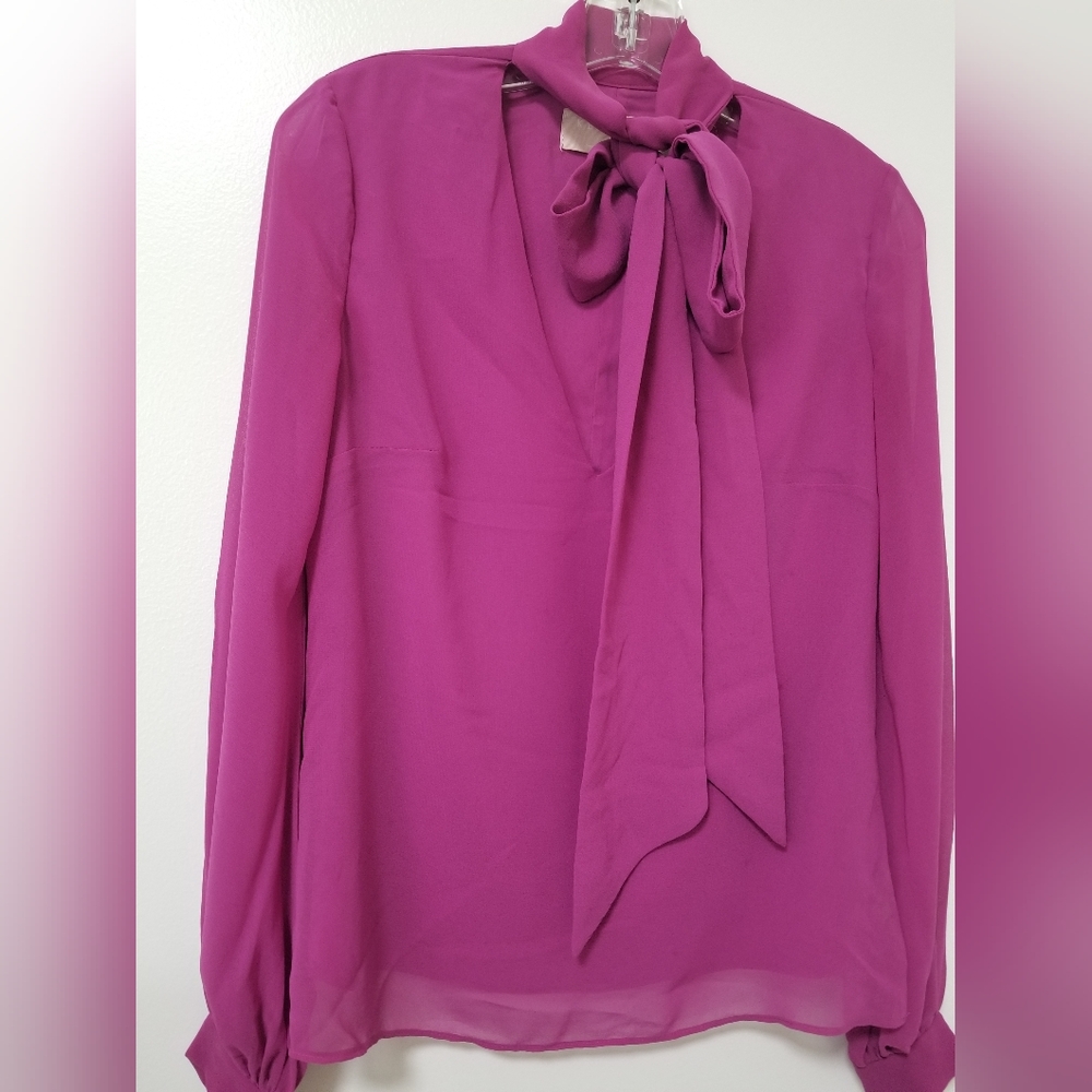 Keepsake The Label Pink Bow Tie Chiffon Blouse V-neck Puff Sleeve Rex Fit XXS